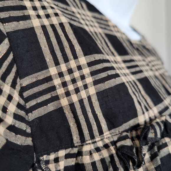 Madewell Black Tan Cream Plaid Short Sleeve Blouse Ruffle Trim Small Holiday Top - Picture 4 of 6